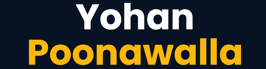 Yohan Poonawalla official website name banner in white and yellow on navy background